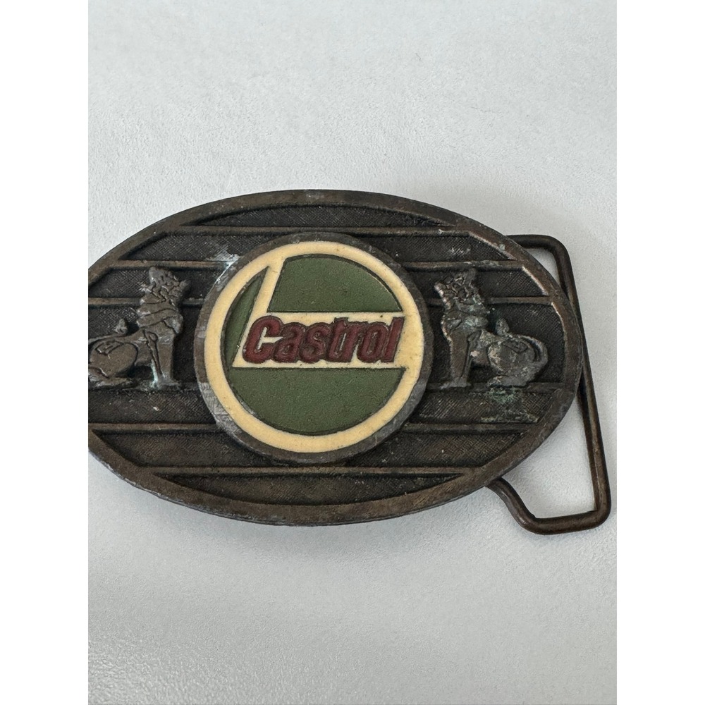 Vintage Castrol Oil Belt Buckle‎ Metal Automotive Racing Logo Lions Patina